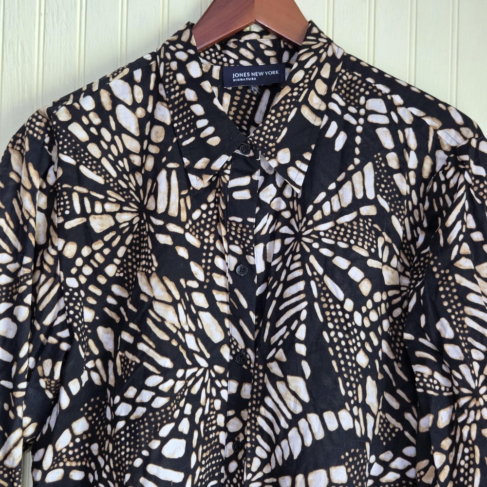 Jones New York Button Up Shirt Womens Large Black Long Sleeve Geometric Tunic